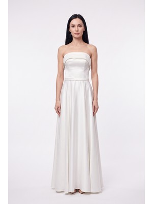 Bdm Exclusive Premium Saten Drape Detaylı Straplez Uzun Abiye Elbise