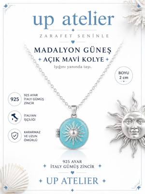 Up Atelier 925 Ayar Gümüş Ithal Zincirli Gümüş Renk Güneş Madalyon Kolye 45CM