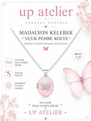 Up Atelier 925 Ayar Gümüş Ithal Zincirli Pembe Sedefli Silver Kelebek Madalyon Kolye 45CM