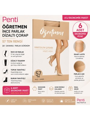 Penti Öğretmen 15 Denye Ince Parlak Dizaltı Çorap 6’lı Ekonomik Paket (Siyah / 57 Ten / 51 Açık Ten)