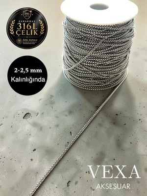 Vexa Aksesuar 2-2,5 mm Örme Arnavut Zincir 1 Metre Paslanmaz Çelik Kolye Takı Yapım Zinciri