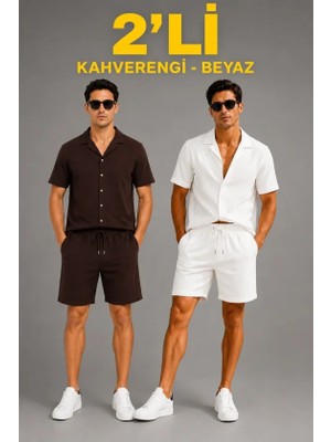 Çamaşır Kenti Erkek 2li Krep Kumaş Cepli Gömlek Şort Takım Kısa Kollu Bağcıklı - Kahverengi - Beyaz