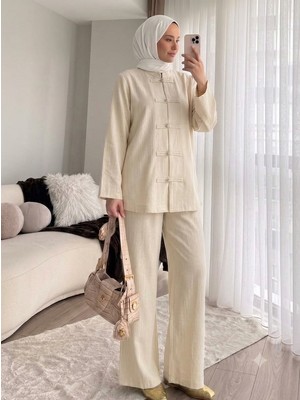 RFK Butik Kadın Önü Britli Keten Pantolonlu Tesettür Takım - Bej