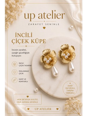 Up Atelier Vintage Incili Gold Çiçek Küpe