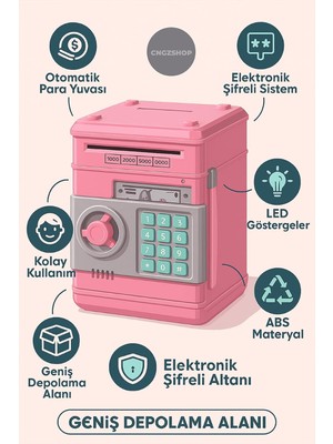 Cngzshop Elektronik Şifreli Banka Kasası Kumbara, Pembe, Atm Görünümlü, Otomatik Para Çeken
