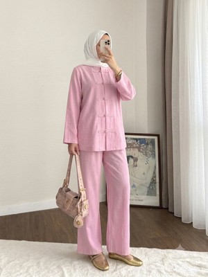 RFK Butik Kadın Önü Britli Keten Pantolonlu Tesettür Takım - Pembe