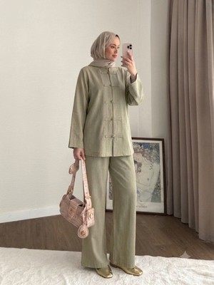 RFK Butik Kadın Önü Britli Keten Pantolonlu Tesettür Takım - Haki