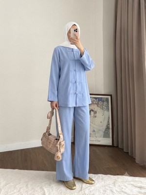 RFK Butik Kadın Önü Britli Keten Pantolonlu Tesettür Takım - Mavi