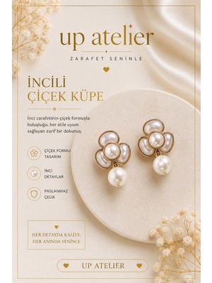 Up Atelier Gold Detaylı Incili Çiçek Küpe