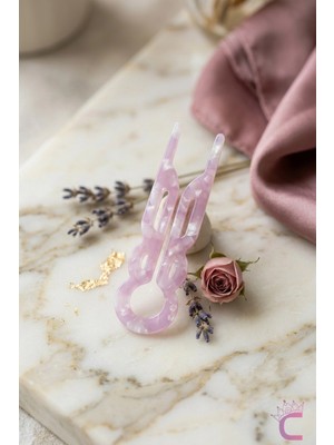 Cinderella Pembe Beyaz Desenli French Pin Asetat Kemik Saç Topuz Tokası 9.2cm - Şık Günlük Kaydırmaz Çubuk Toka