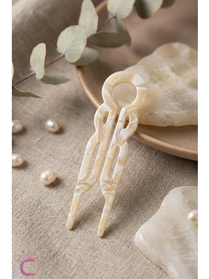 Cinderella Sedefli Beyaz French Pin Asetat Kemik Modern Saç Topuz Tokası 9.2cm - Hediyelik Kaydırmaz Çubuk Toka