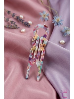 Cinderella Gökkuşağı Desenli French Pin Asetat Kemik Modern Topuz Tokası 9.2cm - Hediyelik Kaydırmaz Saç Çubuğu