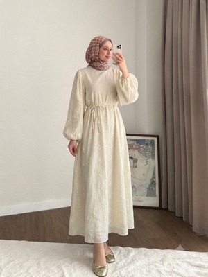 RFK Butik Kadın Bel Bağlamalı Nakış Detaylı Tensel Elbise - Bej
