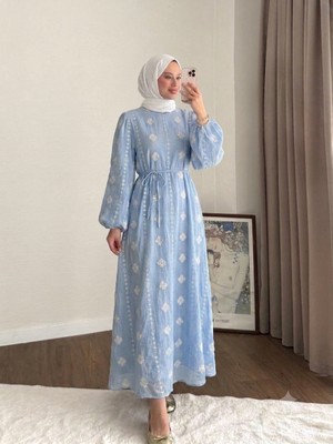 RFK Butik Kadın Bel Bağlamalı Nakış Detaylı Tensel Elbise - Mavi