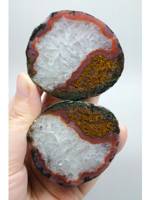 Healcrystal Terracotta Kırmızı Bantlı Almus Tüy Akik Taş, Oker Sarısı Tüyler ve Buzlu Kuvars