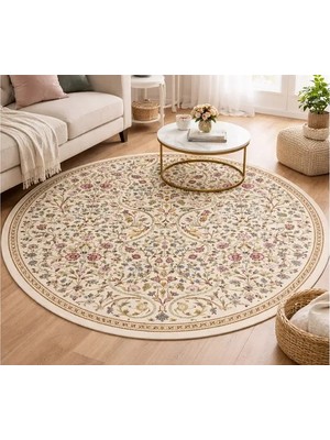 Vivense Bej Çiçek Desenli Dokuma Taban Halı, 594 Yng 120X120 cm