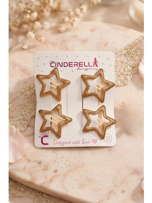 Cinderella 4'lü Simli Parlak Gold Renk Yıldızlı Çıtçıt Toka Seti 3.2cm - Kız Çocuk Metal Çıt Çıt Yan Saç Tokası