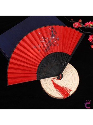 Cinderella Japon Çin Tarzı Çiçek Desenli Çanta Boy Ahşap Bambu El Yelpazesi 21CM Kırmızı Püsküllü Yelpaze