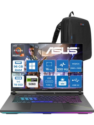 Asus Rog Strix G16 G614PM Amd Ryzen™ 9 8940HX Aı 96GB Ddr5 1tb Ssd+1tbssd 8GB/RTX5060 115W 16"2.5k (2560 x 1600, Wqxga) 300HZ 3ms SRGB:100% WINDOWS11PRO Gaming Laptop WTS198P44+ZETTAÇANTA