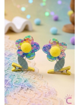 Cinderella 2'li 3D Boyutlu Handmade Gökkuşağı Renkli Ponponlu Pullu Çiçekli Sallanan Pens Toka Seti Saç Tokası