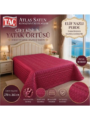 Elif Nazlı Perde Çift Kişilik  Saten Yatak Örtüsü-Bordo