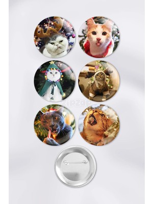 Zipzap Kedi Yılbaşı Yeni Yıl Çanta Süsü Iğneli Buton Rozet Seti (6 Adet)