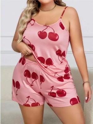 Veraura Lifestyle Closet Büyük Beden Pembe Kiraz Desen Ince Askılı Pamuklu Şortlu Pijama Takımı