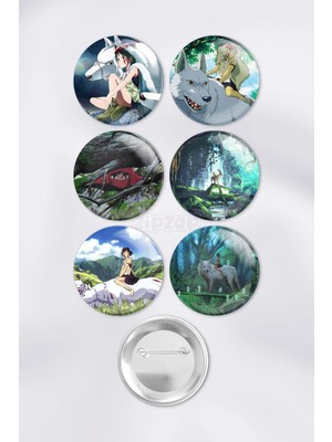 Zipzap Mononoke Hime Princess Mononoke Çanta Süsü Rozet Iğneli Buton Rozet Seti (6 Adet)