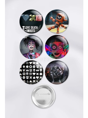 Zipzap Love, Death & Robots Çanta Süsü Rozet Iğneli Buton Rozet Seti (6 Adet)