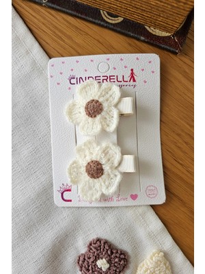 Cinderella El Örgüsü Beyaz Çiçekli Kız Bebek Çocuk Pens Toka 4.5cm - Acıtmayan Astarlı Klipsli Yan Saç Tokası
