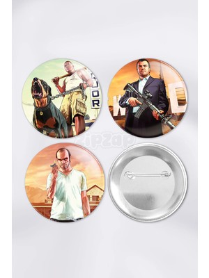 Zipzap Gta 5 Video Oyun Bilgisayar Oyunu Çanta Süsü Rozet Iğneli Buton Rozet Seti (3 Adet)
