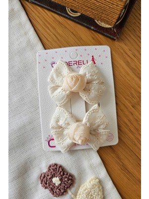 Cinderella Özel Tasarım Gül Motifli Nakışlı Çocuk Krem Fiyonk Toka 6cm - Astarlı Klipsli Yan Pens Saç Tokası