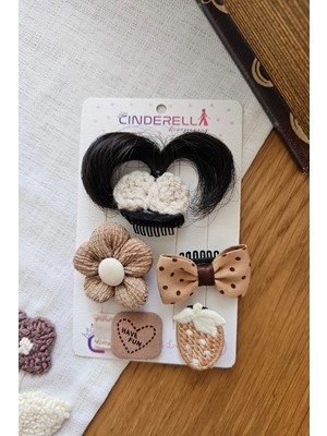Cinderella 5'li Özel 3D Örgü Postişli Kahve Bohem Saçsız Bebek Toka Seti- Puantiyeli Fiyonk Çilekli Çıtçıt Toka