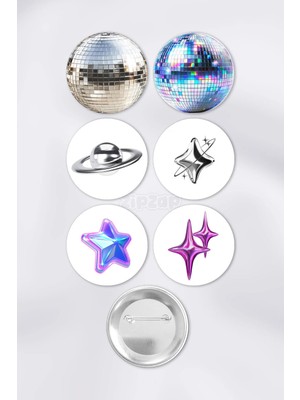 Zipzap Disko Topu Y2K Chrome Şekiller Grunge Temalı Çanta Süsü Rozet Iğneli Buton Rozet Seti (6 Adet)