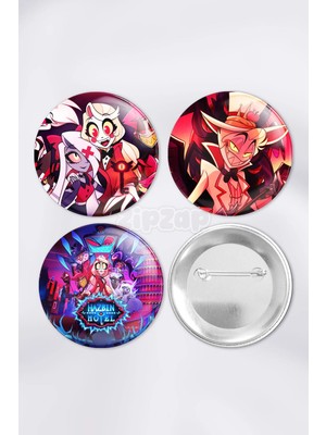 Zipzap Hazbin Hotel Anime Animasyon Çanta Süsü Rozet Iğneli Buton Rozet Seti (3 Adet)