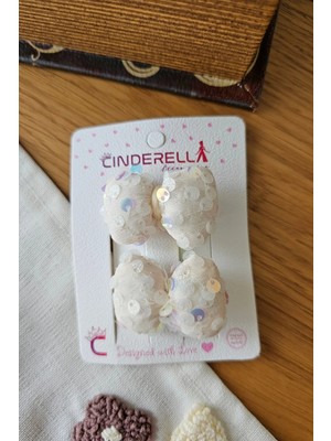 Cinderella Işıltılı Pullu Pofuduk Bebek Çocuk Fiyonk Toka Seti 5cm- Yumuşak Astarlı Klipsli Pens Yan Saç Tokası