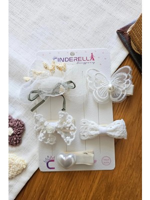 Cinderella Zarafet Serisi 5'li Hasır Başak Çiçekli Kalpli Inci Tül Fiyonk Astarlı Klipsli Pens Toka Seti