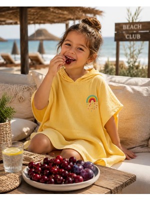 Becalm Online Organik %100 Pamuk Müslin - Nakışlı Bebek / Çocuk Panço - Cepli Kapuşonlu - Yazlık Deniz ve Havuz Kıyafeti - Bornoz - Havlu - Kurulama - Plaj Kıyafeti - Deniz - Havuz – Sarı