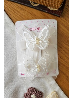 Cinderella Beyaz Tül Kanatlı Dantelli Incili Kelebek Pens Toka Seti 7cm - Astarlı Klipsli Kelebekli Saç Tokası