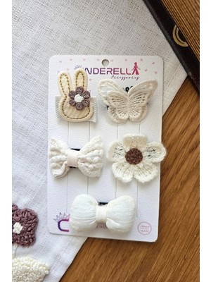 Cinderella 5'li Özel Seri Tavşanlı Kelebekli Çiçekli Örgü Fiyonk Saçsız Bebek Tokası Yenidoğan Çıtçıt Toka Seti