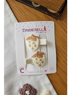 Cinderella Çilekli Bohem Nakışlı Bebek Çocuk Pens Toka Seti 4cm - Acıtmayan Kumaş Kaplı Klipsli Yan Saç Tokası