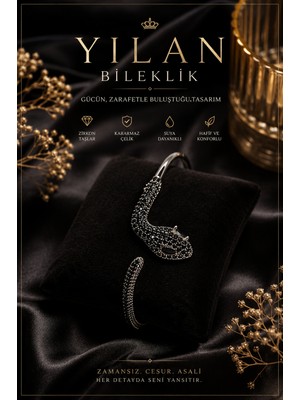 Kırkdabir Siyah Zirkon Taşlı Yılan Desenli Bileklik