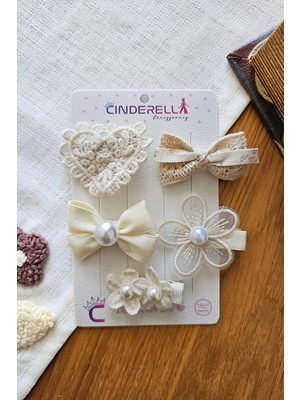 Cinderella Zarafet Serisi 5'li Özel Tasarım Toka Seti - Dantelli Incili Fiyonk Astarlı Klipsli Pens Saç Tokası