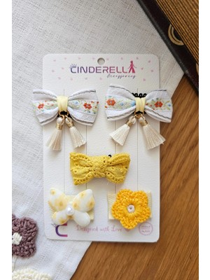 Cinderella 5'li Sallanan Püskül Fiyonk Incili Kelebekli El Örgüsü Papatya Sarı Tonlu Bohem Saçsız Bebek Tokası