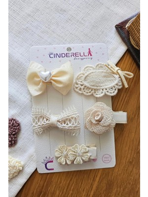 Cinderella Zarafet Serisi 5'li Bayram Özel 5'li Kız Bebek Çocuk Ekru Krem Dantelli Gül Fiyonk Astarlı Toka Seti