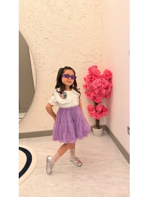 Luniva Butik  Kız Çocuk Nakış Detaylı Gömlek ve Tül Etek Takımı – Pembe / Lila / Lacivert Seçenekli
