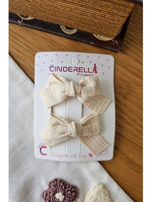 Cinderella Rustik Keten Dokulu Pastel Bej Kurdele Fiyonk Toka Seti 6cm - Kumaş Kaplı Klips Pens Yan Saç Tokası