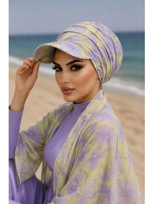 Aişe Tesettür Lila Sarı Soft Havuz - Deniz Şapkası / Mayo Üstüne Kullanılabilir