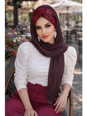 Aişe Tesettür Bordo Çiçek Desen Burgu Hazır Şal