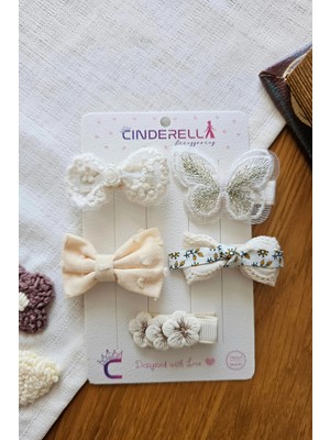 Cinderella Zarafet Serisi 5'li Minik Beyaz Gül Kır Çiçeği Kelebek Nakışlı Fiyonk Yumuşak Klipsli Pens Toka Seti